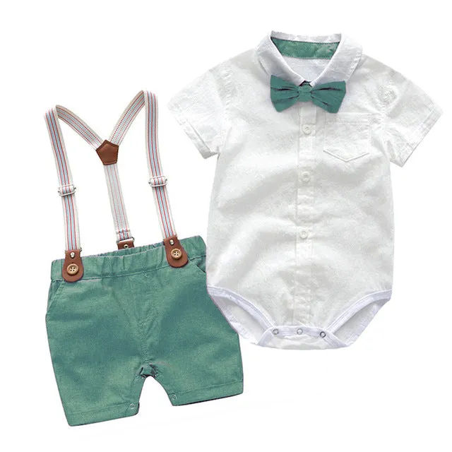 2PCS Baby Boy Plaid Bowtie Romper Suspender Outfit for Newborn