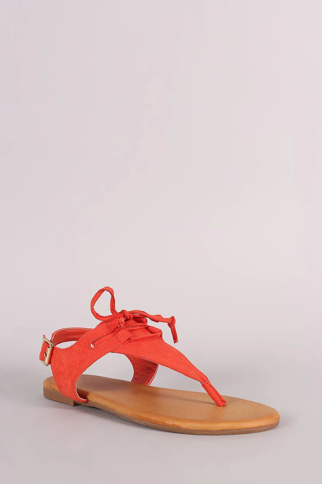 Bamboo Suede Lace-Up Thong Flat Sandal