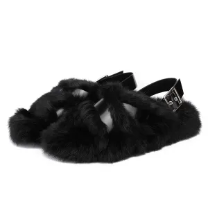 Black Faux Fur Fluffy Alt Aesthetic Sandals