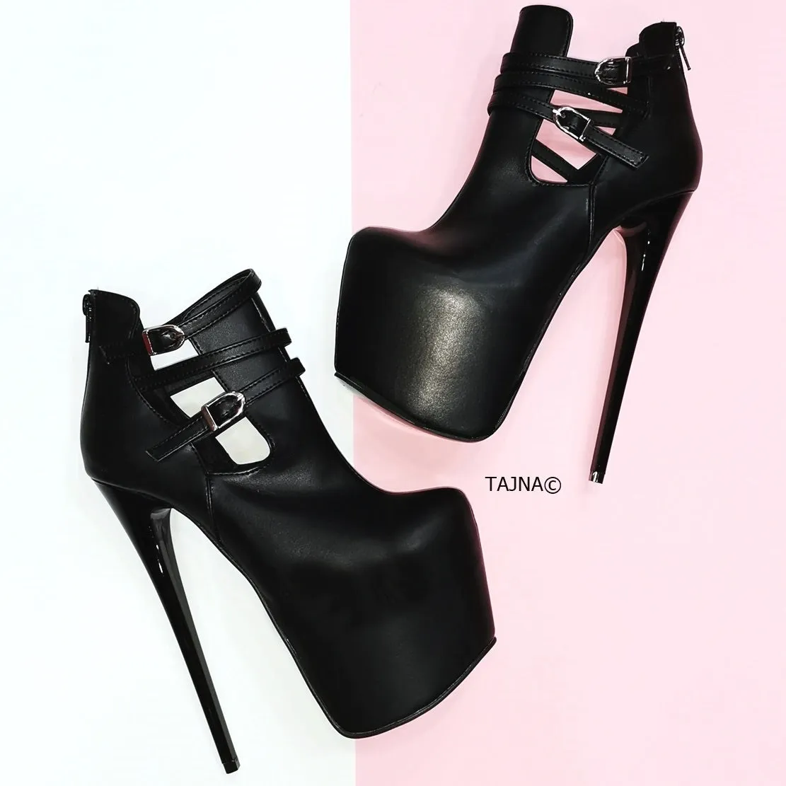 Black Matte Belted Ankle Platform Boots