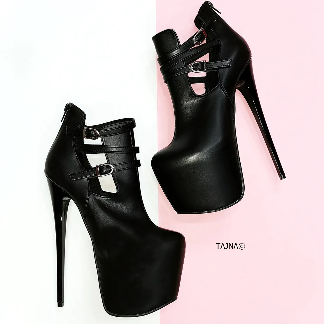 Black Matte Belted Ankle Platform Boots