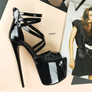 Black Patent Cross Strap High Heels