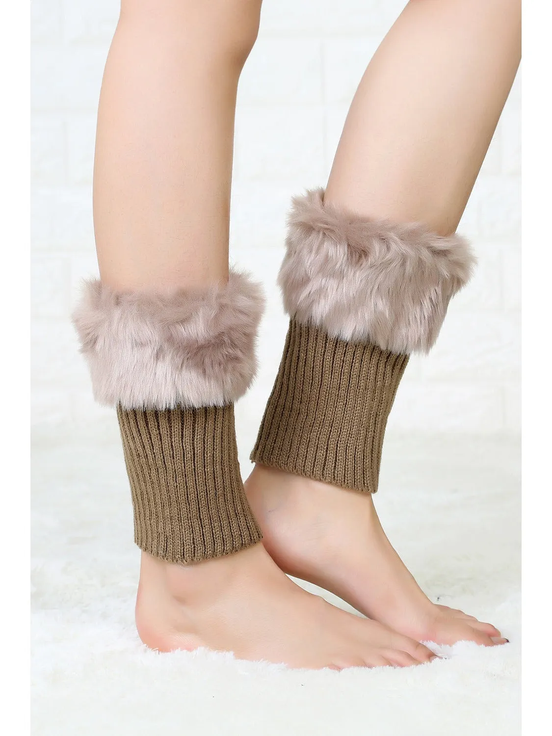 Brown Plush Knitted Patched Winter Boot Cuffs Leg Warmers