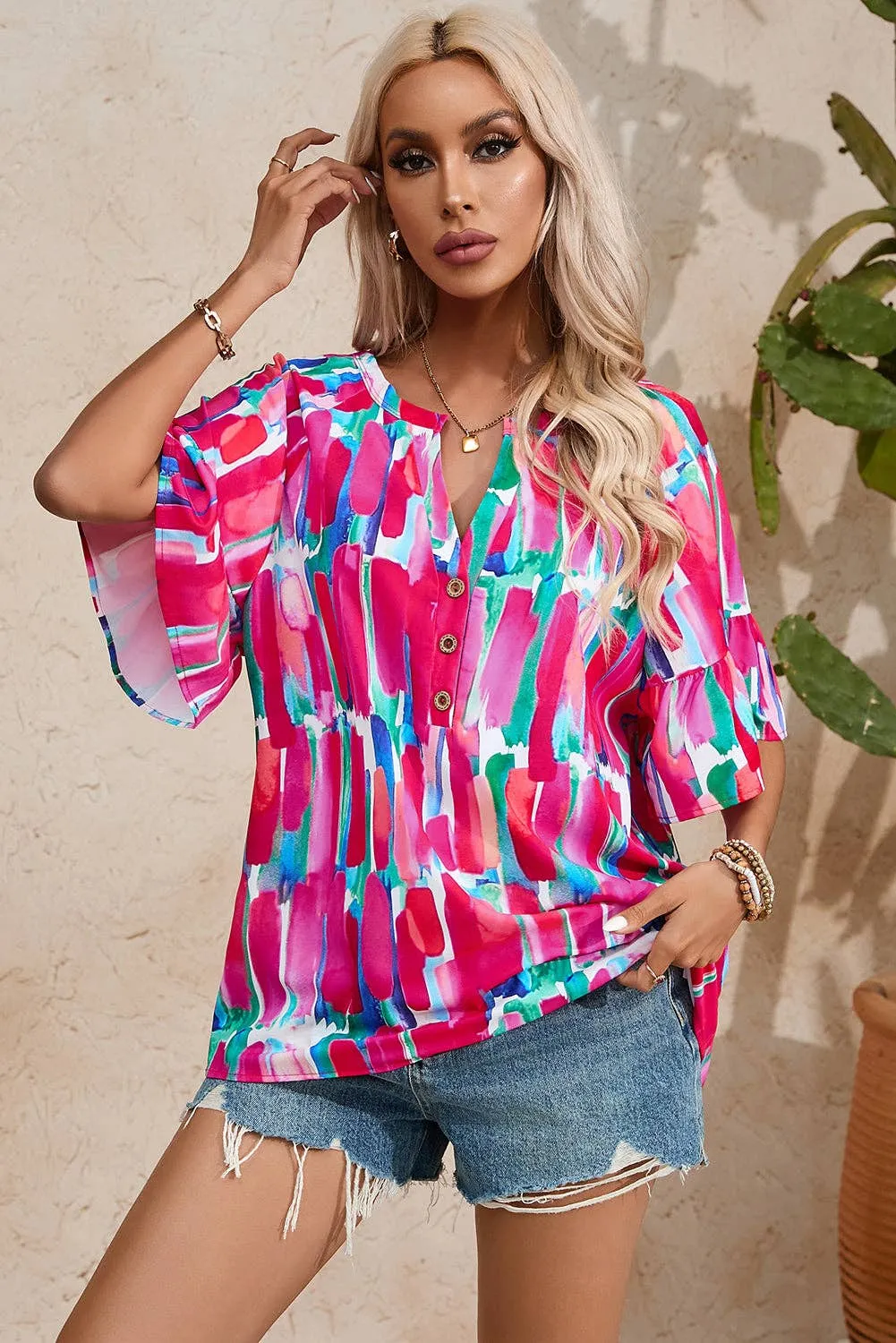 Brushstroke Print Bell Sleeve V Neck Buttoned Blouse