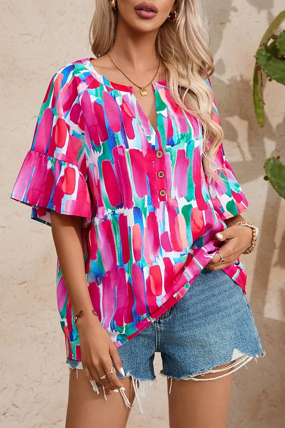 Brushstroke Print Bell Sleeve V Neck Buttoned Blouse