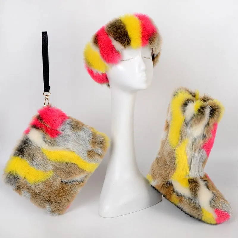 Colorful Padded Imitation Fur Women’s Snow Boots and Hat Set