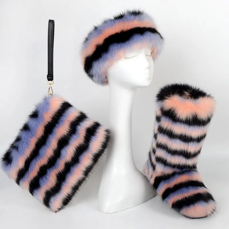 Colorful Padded Imitation Fur Women’s Snow Boots and Hat Set