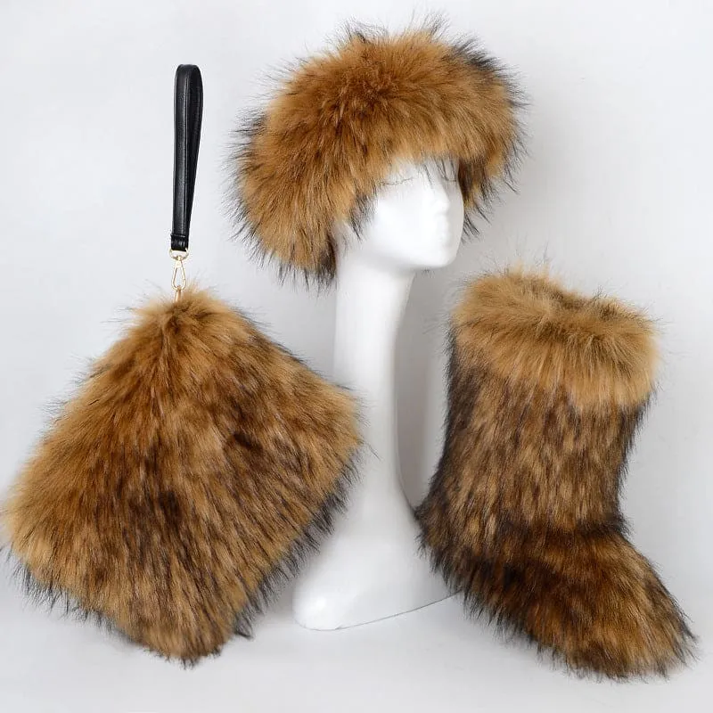 Colorful Padded Imitation Fur Women’s Snow Boots and Hat Set