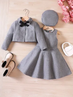 Elegant Girls' Outfit Set – Sleeveless Dress, Long-Sleeve Coat, and Beret