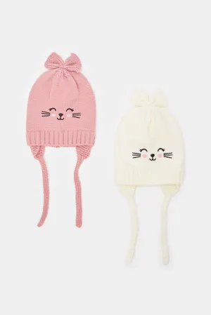 Girls Pink And Beige Knitted Beanie Cap (Pack of 2)