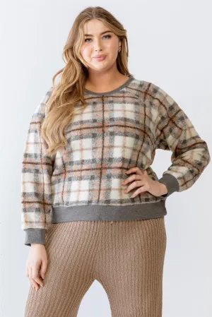 Junior Plus Mocha Wildfire Plaid Cotton Blend Long Sleeve Sweater /1-2-1