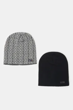 Men Grey And Black Knitted Cap Set (Pack of 2)