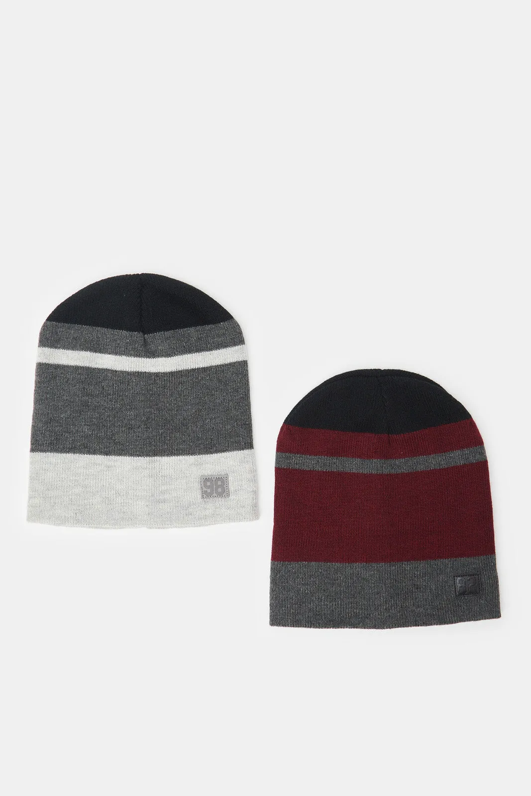 Men Grey And Burgundy Knitted Cap Set (Pack of 2)