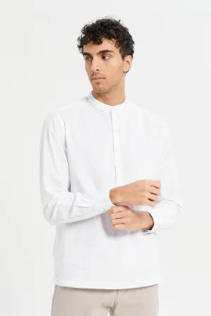 Men White Linen Blend Polo Collar Shirt