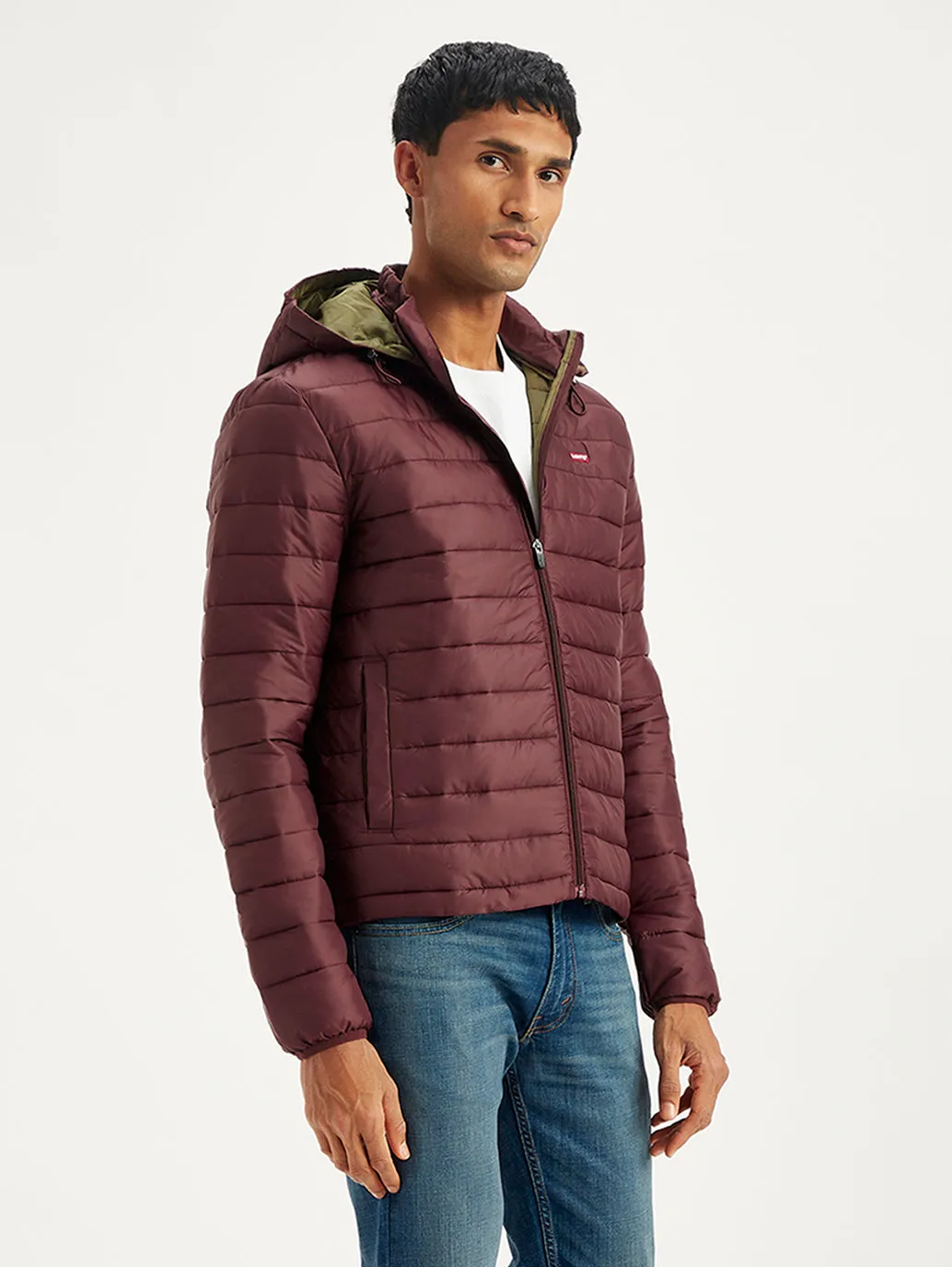 Men's Quilted Maroon Hooded Puffer Jacket