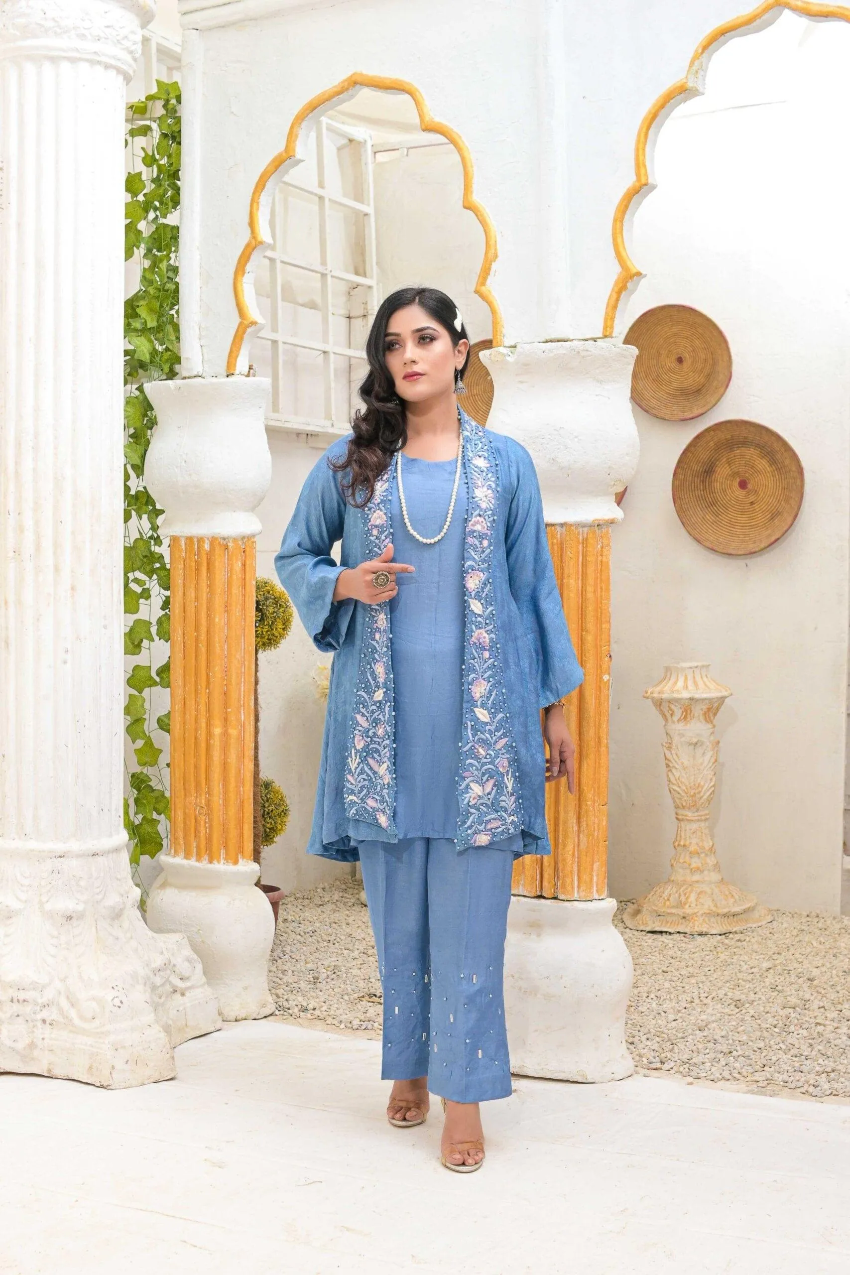 Rubys Couture - Grey Khaddi Net Embroidered Double Press Coat with Raw Silk Pants - Virsa