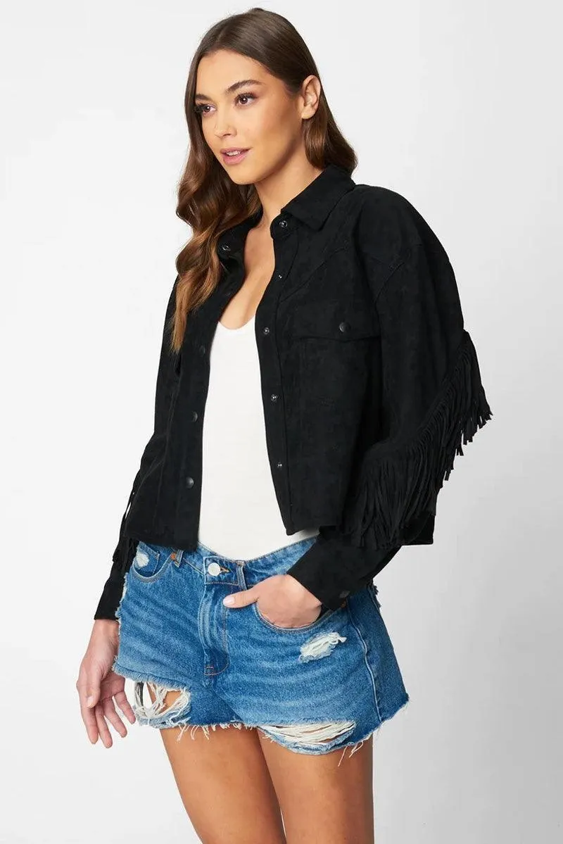 Suede Leather Fringe Collared Neck Two Pocket Long Sleeve Jacket