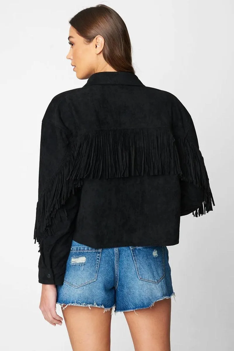 Suede Leather Fringe Collared Neck Two Pocket Long Sleeve Jacket