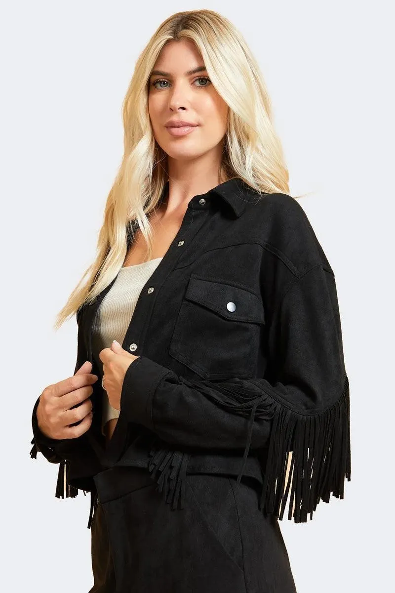 Suede Leather Fringe Collared Neck Two Pocket Long Sleeve Jacket