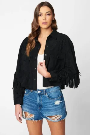 Suede Leather Fringe Collared Neck Two Pocket Long Sleeve Jacket