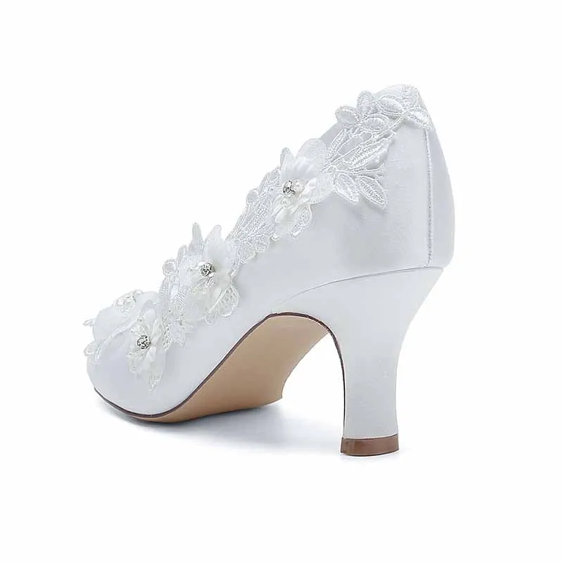 Wedding Shoes Flower Lace Wedding Heels Bridal Shoes Elegant Round Toe Wedding Shoes