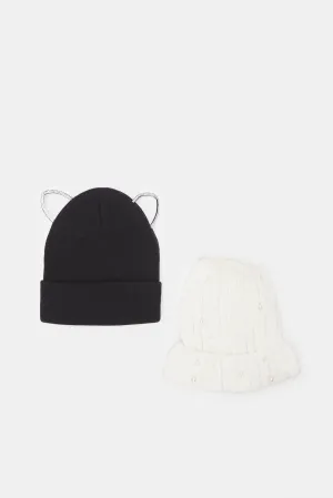 Women Black And White Knitted Cap Set (2 Piece)