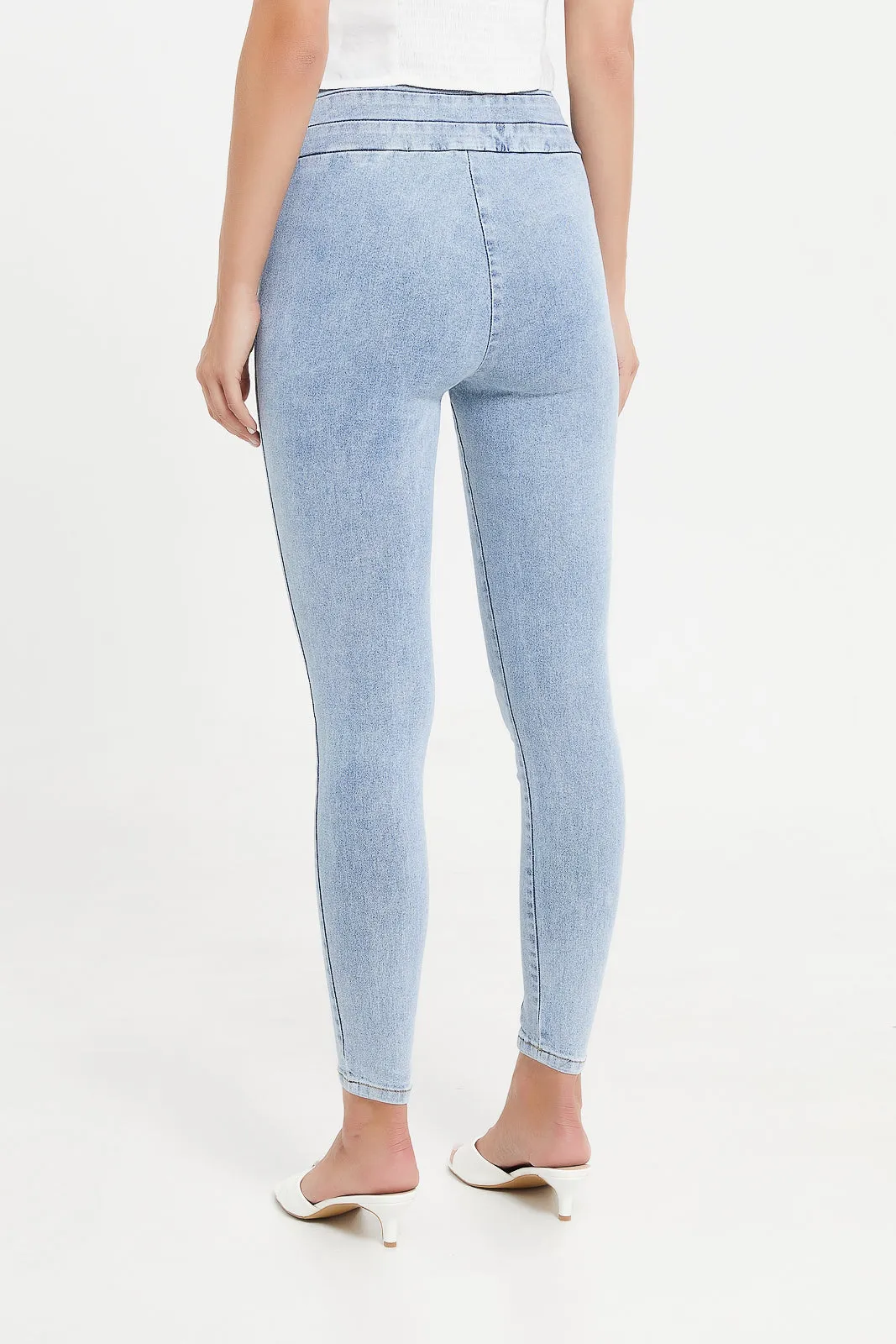 Women Blue High Waist Button Detail Jeggings