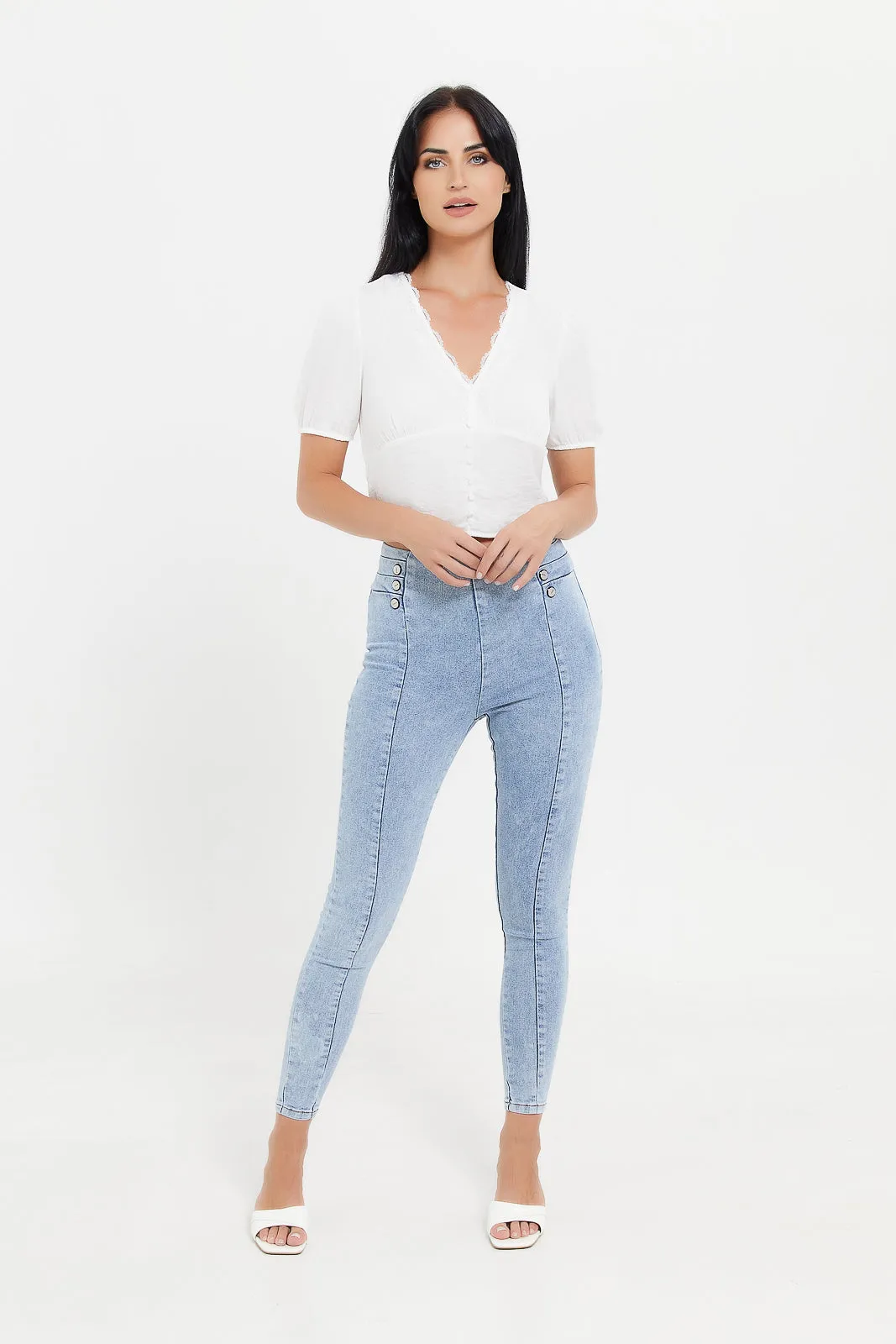 Women Blue High Waist Button Detail Jeggings