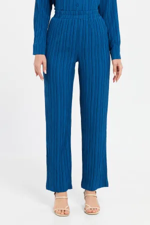 Women Blue Textured Straight Trousers