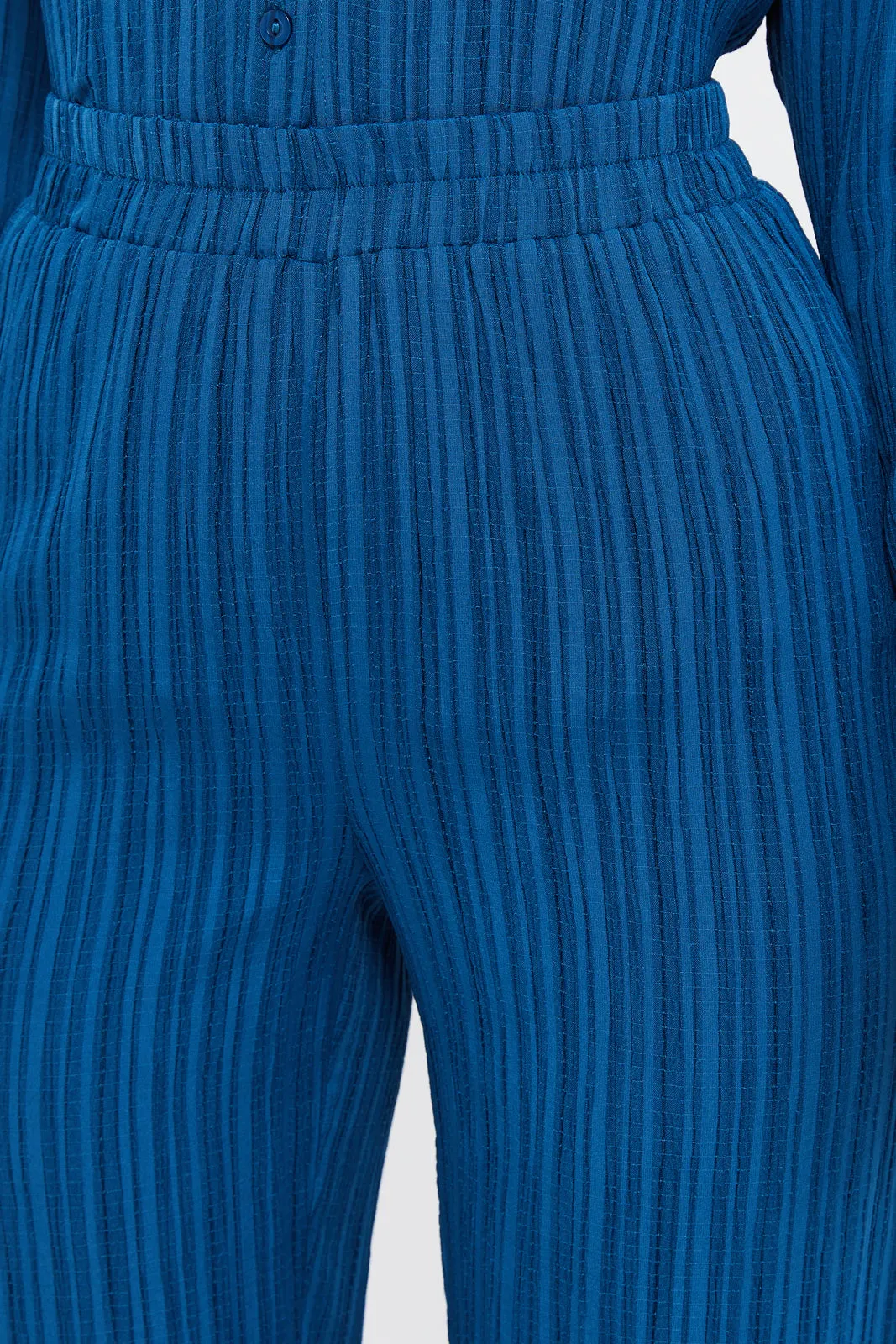 Women Blue Textured Straight Trousers