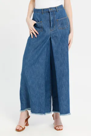 Women Navy High Waist Wide Leg Trousers