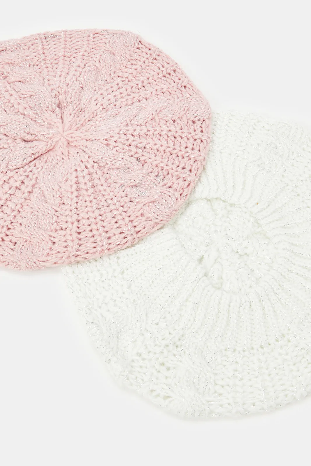 Women Pink And White Knitted Beret Cap Set (2 Piece)