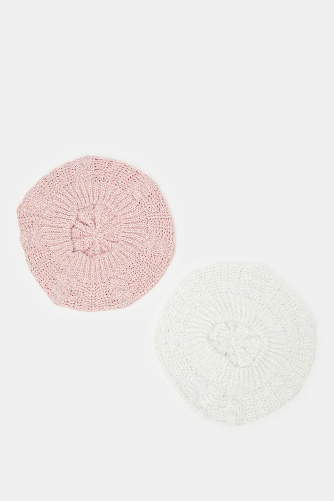 Women Pink And White Knitted Beret Cap Set (2 Piece)