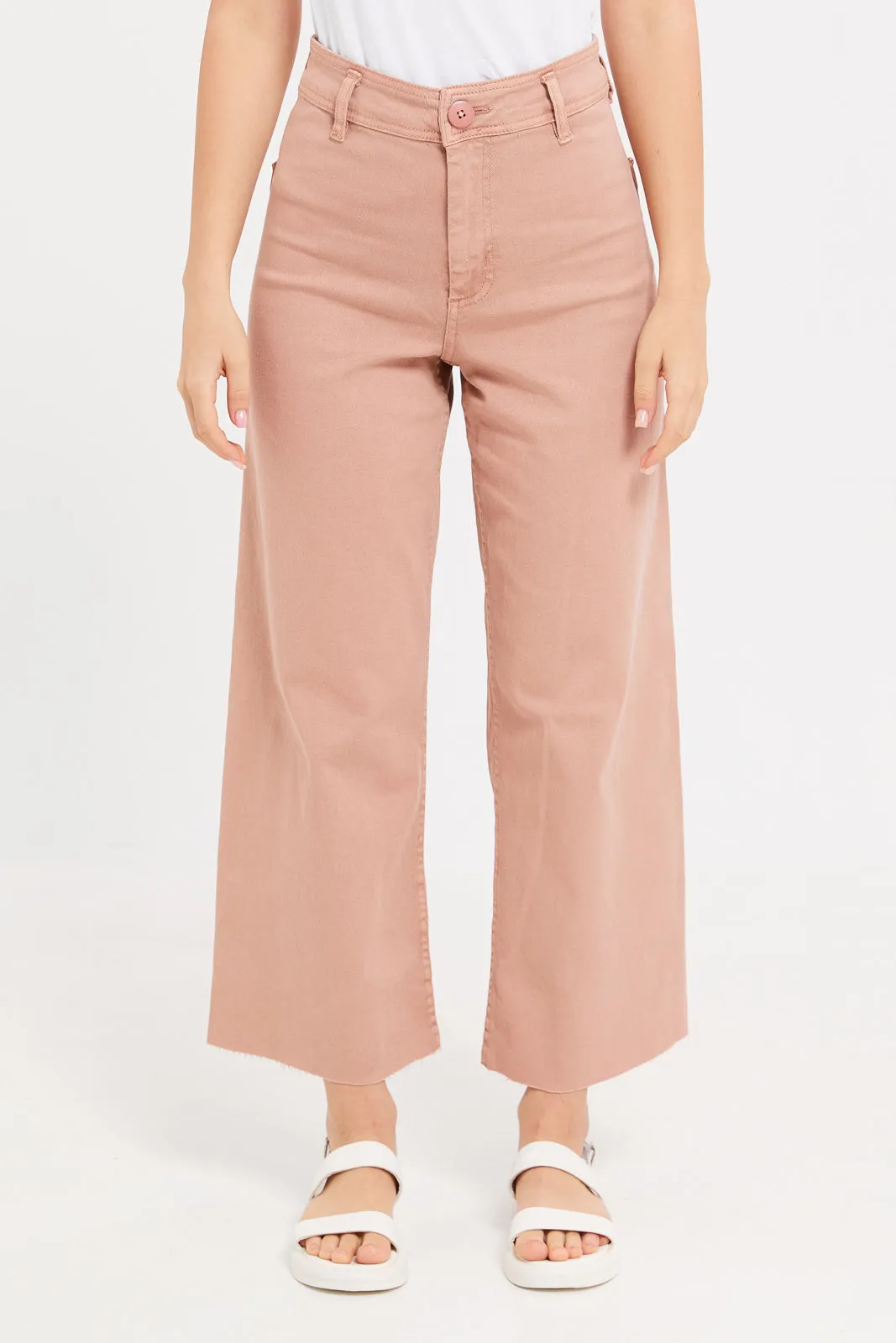 Women Pink Cropped Wide Leg Jeans