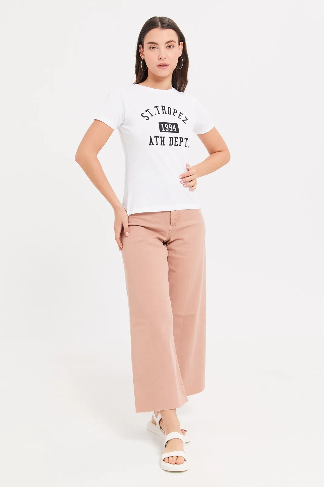 Women Pink Cropped Wide Leg Jeans