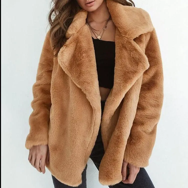 Women's faux fur chunky coat winter warm teddy coat with turn-down collar