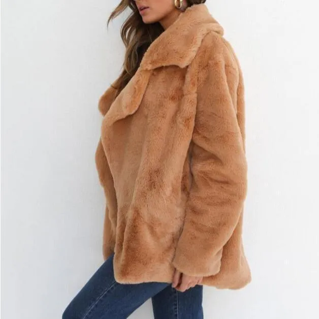 Women's faux fur chunky coat winter warm teddy coat with turn-down collar