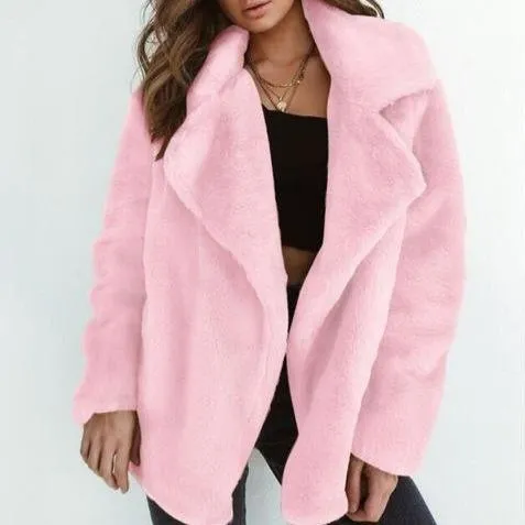 Women's faux fur chunky coat winter warm teddy coat with turn-down collar