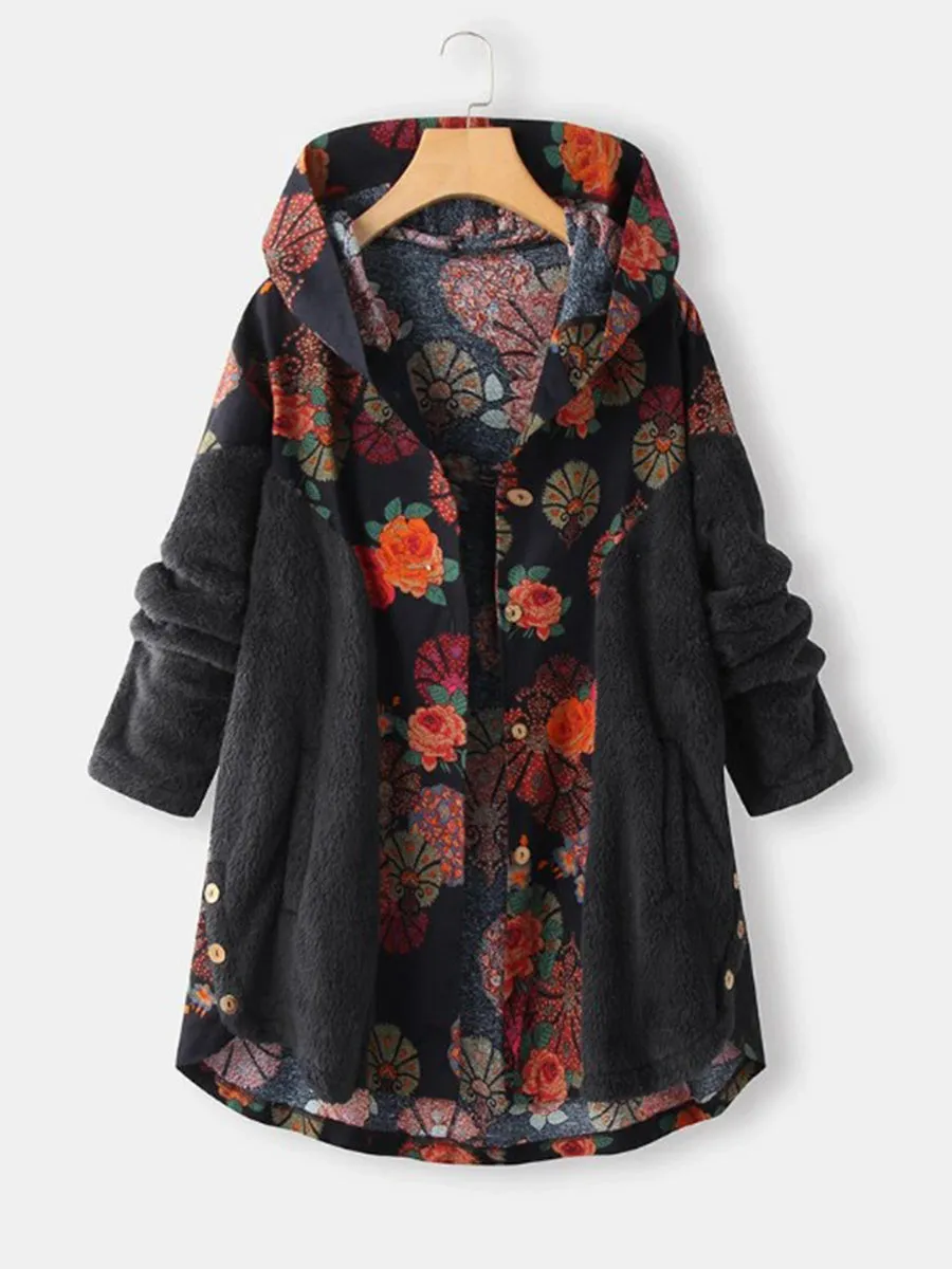 Women's Vintage Floral Warm Button Coat