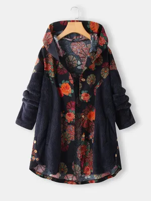 Women's Vintage Floral Warm Button Coat