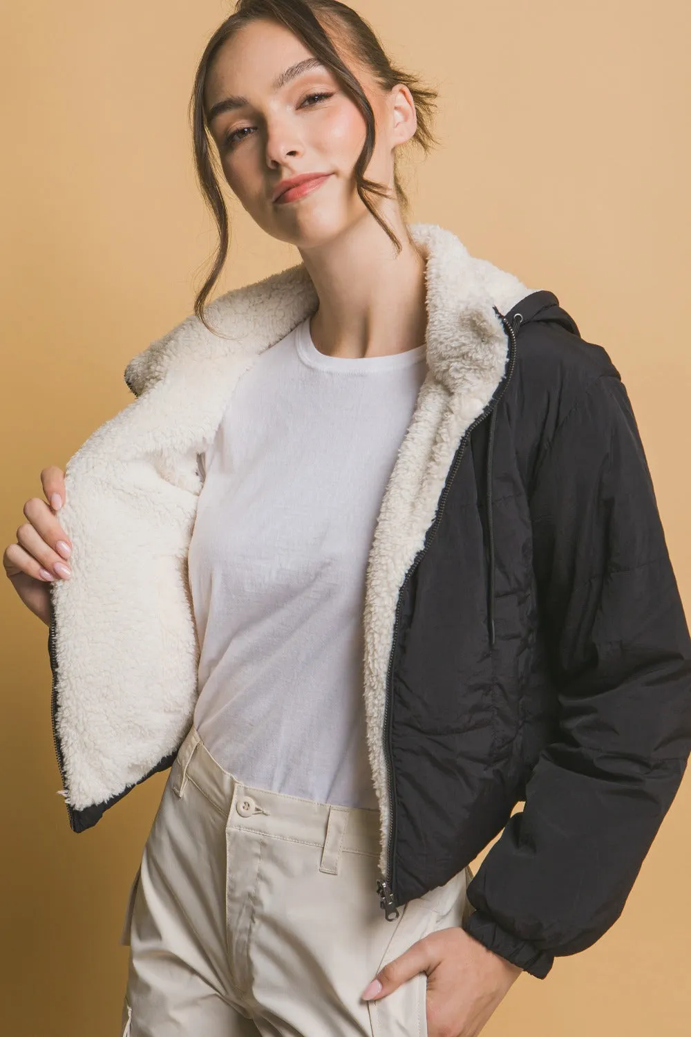 Zip Up Cropped Hooded Sherpa Reversible Jacket